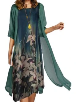 Women's Two Piece Dress Set Semi Formal Dress Formal Party Party Classic Print Midi Dress Crew Neck Half Sleeve Graphic Loose Fit Blue Dark Green Purple Summer Spring M L XL 4XL 5XL -HAYz Clothing Shop uglvbe1672999942061