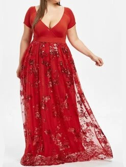 Women's Plus Size Swing Dress Solid Color V Neck Layered Short Sleeve Fall Prom Dresses Maxi Long Dress Party Dress -HAYz Clothing Shop ugueyf1629106117225