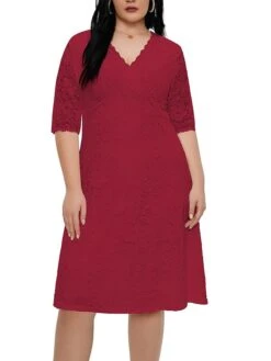 Women‘s Plus Size Curve Party Dress Lace Dress White Dress Solid Color Midi Dress Half Sleeve Lace V Neck Fashion Party White Red Summer Spring XL XXL 3XL 4XL 5XL -HAYz Clothing Shop ugzmlp1681204549247