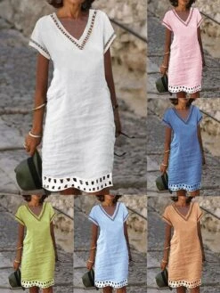 Women's Casual Dress Cotton Linen Dress Shift Dress Midi Dress Cotton Blend Fashion Basic Outdoor Daily Vacation V Neck Lace Up Hollow Out Short Sleeve Summer Spring 2023 Loose Fit Light Blue White