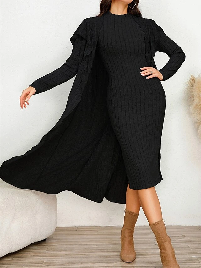 Women's Two Piece Dress Set Casual Dress Sheath Dress Home Daily Fashion Streetwear Split Midi Dress Stand Collar Long Sleeve Plain Slim Black Army Green Gray Fall Winter S M L XL XXL 18 Women's Two Piece Dress Set Casual Dress Sheath Dress Home Daily Fashion Streetwear Split Midi Dress Stand Collar Long Sleeve Plain Slim Black Army Green Gray Fall Winter S M L XL XXL - Image 18