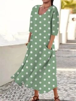 Women's Casual Dress Cotton Linen Dress Midi Dress Polyester Fashion Casual Daily Outdoor Daily Vacation Crew Neck Pocket Print Half Sleeve Summer Spring Fall 2023 Loose Fit Light Green Royal Blue