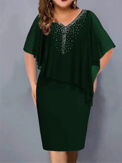 Women‘s Plus Size Curve Party Dress Cocktail Dress Wedding Guest Dress Midi Dress Black Wine Navy Blue Half Sleeve Pure Color Patchwork Summer Spring Fall V Neck Fashion Vacation -HAYz Clothing Shop uhuizm1691054879901