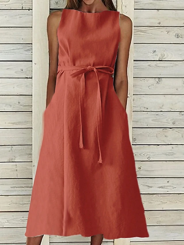 Women's Casual Dress Cotton Linen Dress A Line Dress Midi Dress Cotton And Linen Basic Classic Outdoor Daily Vacation Crew Neck Lace Up Sleeveless Summer Spring 2023 Regular Fit Navy Blue Orange 6 Women's Casual Dress Cotton Linen Dress A Line Dress Midi Dress Cotton And Linen Basic Classic Outdoor Daily Vacation Crew Neck Lace Up Sleeveless Summer Spring 2023 Regular Fit Navy Blue Orange - Image 6