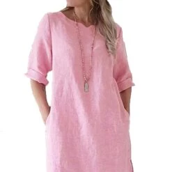 Women's Cotton Linen Dress A Line Dress Mini Dress Cotton Cotton Blend Casual Comfort Home Split Neck Pocket Rolled Cuff Half Sleeve Summer Spring Loose Fit Pink Light Blue Gray Pure Color S M L XL -HAYz Clothing Shop uibngv1651741057628