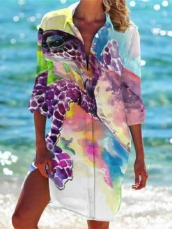 Women's Shirt Dress Casual Dress Shift Dress Mini Dress Outdoor Daily Date Polyester Fashion Classic Shirt Collar Pocket Print Half Sleeve Summer Spring 2023 Loose Fit White Red Navy Blue Fish S M L -HAYz Clothing Shop uikugk1677739844464