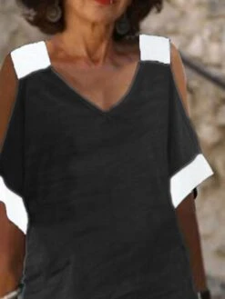 Women's Casual Dress Cotton Linen Dress Shift Dress Midi Dress Cotton Blend Fashion Basic Outdoor Daily V Neck Patchwork Hollow Out Half Sleeve Summer Spring Fall 2023 Loose Fit Black Plain S M L XL -HAYz Clothing Shop uilgau1683716826642