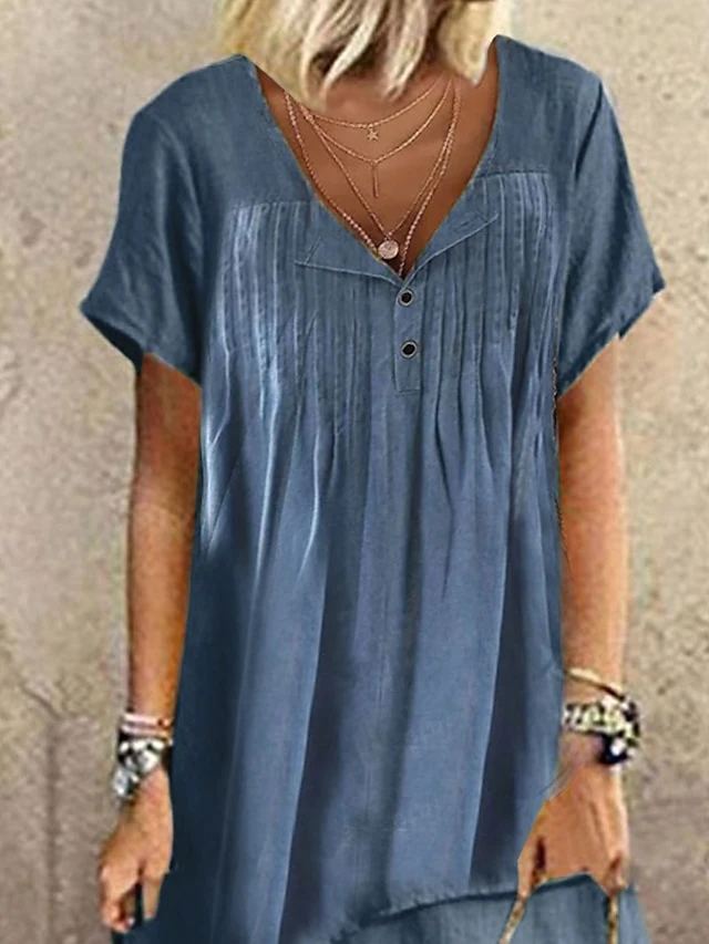 Women's Casual Dress Cotton Linen Dress Swing Dress Midi Dress Cotton Blend Basic Modern Outdoor Daily V Neck Button Layered Short Sleeve Summer Spring 2023 Loose Fit Blue Plain S M L XL 2XL 3 Women's Casual Dress Cotton Linen Dress Swing Dress Midi Dress Cotton Blend Basic Modern Outdoor Daily V Neck Button Layered Short Sleeve Summer Spring 2023 Loose Fit Blue Plain S M L XL 2XL - Image 3