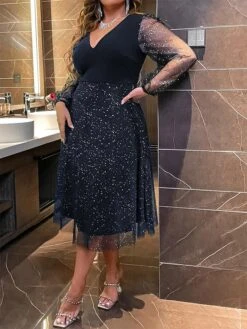Women's Plus Size Curve Party Dress Cocktail Dress Swing Dress Maxi Dress Black Navy Blue Long Sleeve Polka Dot Mesh Spring Fall Winter V Neck Fashion Birthday Wedding Guest Vacation XL XXL -HAYz Clothing Shop uipkaf1692175622913