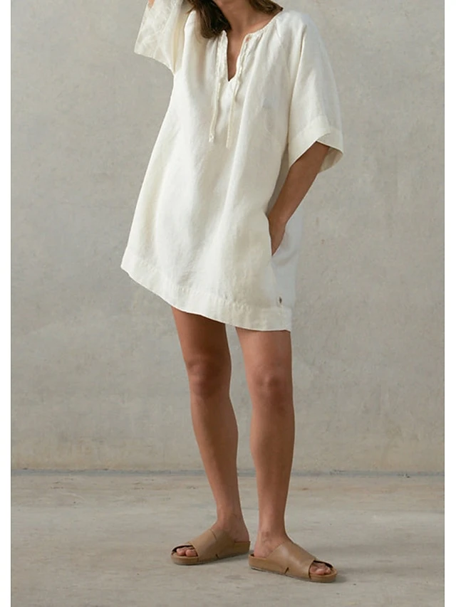 Women's Casual Dress Cotton Linen Dress Mini Dress Cotton Basic Casual Home Daily Vacation V Neck Pocket Short Sleeve Fall Autumn 2023 Loose Fit Apricot Plain S M L 2 Women's Casual Dress Cotton Linen Dress Mini Dress Cotton Basic Casual Home Daily Vacation V Neck Pocket Short Sleeve Fall Autumn 2023 Loose Fit Apricot Plain S M L - Image 2