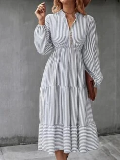 Women's Casual Dress Cotton Linen Dress Swing Dress Midi Dress Polyester Fashion Modern Outdoor Daily Vacation Split Neck Ruffle Button Long Sleeve Fall Winter Autumn 2023 Regular Fit Light Green -HAYz Clothing Shop uirnin1691462577788