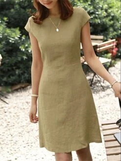 Women's Casual Dress Cotton Linen Dress A Line Dress Midi Dress Cotton Blend Casual Outdoor Vacation Crew Neck Zipper Short Sleeve Summer Spring 2023 Regular Fit ArmyGreen Light Green Pink Plain S M -HAYz Clothing Shop uizoon1683797307197