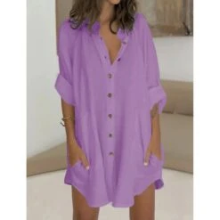 Women's Shirt Dress Casual Dress Mini Dress White Green Long Sleeve Pure Color Button Fall Spring Summer Shirt Collar Basic Daily Fall Dress Loose Fit 2023 M L XL 2XL 3XL -HAYz Clothing Shop ujbgtp1675926116763