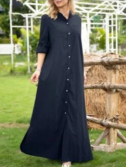 Women's Shirt Dress Casual Dress Maxi Long Dress Outdoor Daily Vacation Polyester Fashion Casual Shirt Collar Button Long Sleeve Summer Spring Fall 2023 Loose Fit Wine Navy Blue Green Plain S M L XL -HAYz Clothing Shop ujdqlw1689737495696