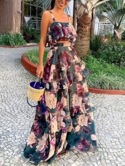 Women's Dress Set Two Piece Dress Skirt Set Long Dress Maxi Dress Photo Color Sleeveless Floral Layered Summer Spring Cold Shoulder Vacation 2023 S M L XL XXL -HAYz Clothing Shop ukdklj1621232941785