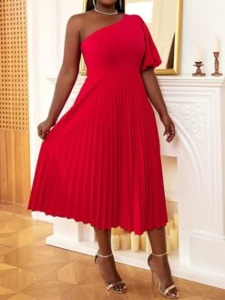 Women's Plus Size Curve Party Dress Cocktail Dress Swing Dress Plain Midi Dress Half Sleeve Pleated One Shoulder Fashion Party Red Fall Winter XL XXL 3XL 4XL -HAYz Clothing Shop ukhitt1694425974440