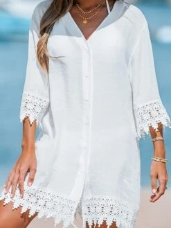Women's Beach Dress Beach Wear Mini Dress Lace Casual Plain V Neck 3/4 Length Sleeve Vacation Going Out Almond 2023 Summer Spring S M L XL
