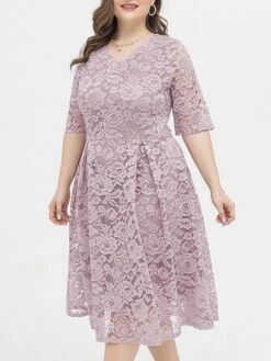 Women‘s Plus Size Curve Party Dress Lace Dress Cocktail Dress Midi Dress Black Pink Wine Half Sleeve Pure Color Lace Summer Spring Fall V Neck Fashion Birthday Wedding Guest Vacation 2023 -HAYz Clothing Shop ukxomh1691564485439