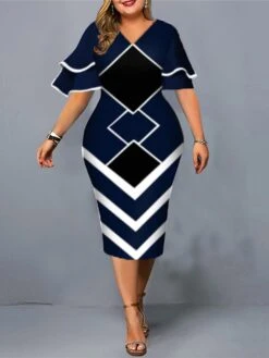 Women‘s Plus Size Curve Work Dress Geometric V Neck Short Sleeve Spring Fall Fashion Elegant Modern Midi Dress Formal Office Dress -HAYz Clothing Shop ulciaw1671091292996