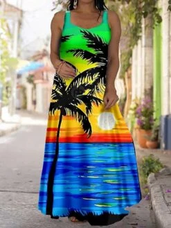 Women‘s Plus Size Curve Casual Dress Strap Dress Floral Coconut Tree Long Dress Maxi Dress Sleeveless Print Strap Fashion Outdoor Navy Blue Blue Summer Spring L XL XXL 3XL 4XL -HAYz Clothing Shop ulsqcp1684480037449