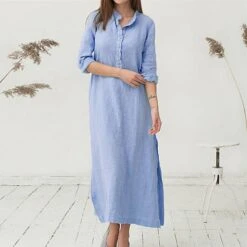 Women's Cotton Dress Pajamas Nightgown Nighty Pure Color Retro Comfort Home Daily Stand Collar Long Sleeve Button Summer Fall Spring White Blue -HAYz Clothing Shop ulvcyq1654067372829