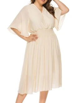 Women‘s Plus Size Curve Party Dress Wedding Guest Dress Swing Dress Midi Dress Black Beige Half Sleeve Pure Color Pleated Summer Spring Fall V Neck Party Birthday Wedding Guest Vacation 2023 -HAYz Clothing Shop umdwnz1691399369657