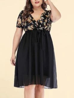 Women‘s Plus Size Curve Party Dress Cocktail Dress Wedding Guest Dress Midi Dress Black Wine Short Sleeve Floral Lace Up Summer Spring Fall V Neck Fashion Birthday Wedding Guest Vacation 2023 -HAYz Clothing Shop umffaq1691399396283