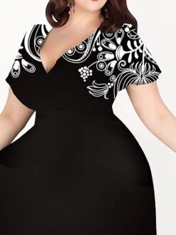 Women‘s Plus Size Curve Casual Dress A Line Dress Graphic Midi Dress Short Sleeve Print V Neck Elegant Holiday Black White Summer Spring L XL XXL 3XL 4XL -HAYz Clothing Shop umjzak1678188500644
