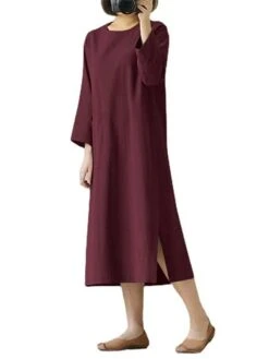 Women's Casual Dress Cotton Linen Dress A Line Dress Cotton Blend Fashion Daily Work Holiday Weekend Crew Neck Button Baggy Long Sleeve Navy Black Wine S M L XL 2XL -HAYz Clothing Shop umqwtq1690547090283