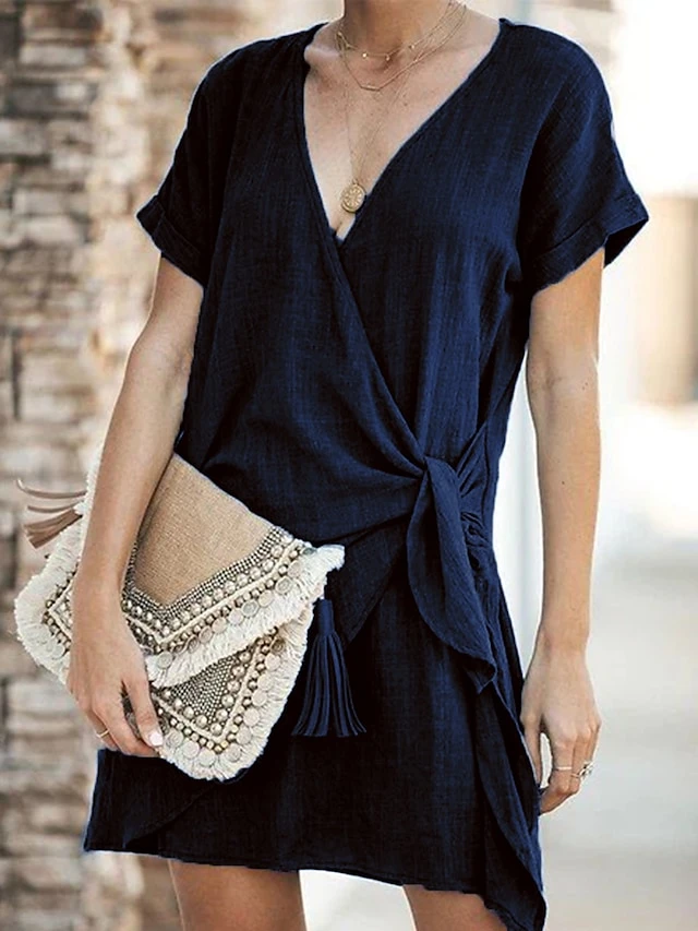 Women's Casual Dress Cotton Linen Dress Shift Dress Mini Dress Polyester Basic Classic Outdoor Daily Vacation V Neck V Neck Layered Short Sleeve Summer Spring 2023 Regular Fit Black Navy Blue Blue 6 Women's Casual Dress Cotton Linen Dress Shift Dress Mini Dress Polyester Basic Classic Outdoor Daily Vacation V Neck V Neck Layered Short Sleeve Summer Spring 2023 Regular Fit Black Navy Blue Blue - Image 6