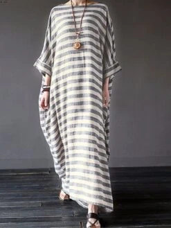 Women's Cotton Linen Dress Casual Dress Maxi Long Dress Linen Cotton Blend Casual Outdoor Daily Crew Neck Print Long Sleeve Summer Spring Fall 2023 Loose Fit Black Gray Striped S M L XL 2XL -HAYz Clothing Shop unlwjc1672828237446