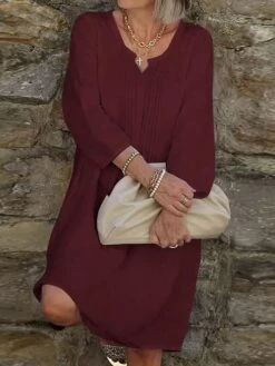 Women's Casual Dress Cotton Linen Dress Shift Dress Midi Dress Cotton Blend Basic Modern Outdoor Daily Vacation V Neck Ruched Basic 3/4 Length Sleeve Summer Spring Fall 2023 Loose Fit White Pink Red -HAYz Clothing Shop unnebd1691030551676
