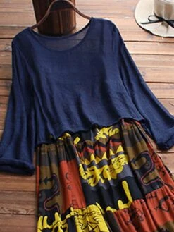 Women's Two Piece Dress Set Casual Dress Print Dress Daily Going Out Basic Ethnic Ruched Patchwork Midi Dress Crew Neck Long Sleeve Graphic Tribal Loose Fit Yellow Blue Fuchsia Summer Spring M L XL -HAYz Clothing Shop unobwo1677121572323