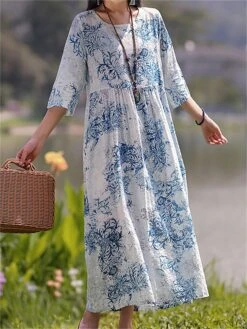 Women's Casual Dress Cotton Linen Dress Swing Dress Midi Dress Linen / Cotton Blend Sweet Style Modern Outdoor Daily Holiday Crew Neck Print 3/4 Length Sleeve Fall Winter Autumn 2023 Loose Fit Light -HAYz Clothing Shop unpygs1693553152568
