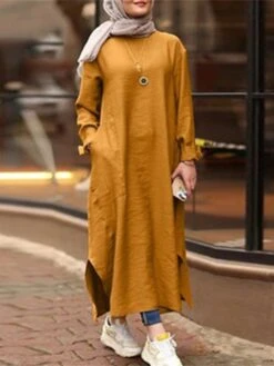 Women's Casual Dress Cotton Linen Dress Abaya Maxi Long Dress Linen / Cotton Blend Classic Casual Outdoor Daily Vacation Crew Neck Pocket Split Long Sleeve Spring Fall Winter 2023 Loose Fit ArmyGreen