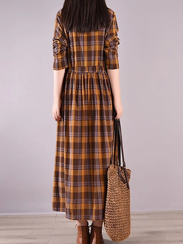Women's Casual Dress Cotton Linen Dress Plaid Dress Midi Dress Linen / Cotton Blend Fashion Basic Outdoor Daily Holiday Stand Collar Pocket Print Long Sleeve Fall Winter Autumn 2023 Loose Fit Yellow 8 Women's Casual Dress Cotton Linen Dress Plaid Dress Midi Dress Linen / Cotton Blend Fashion Basic Outdoor Daily Holiday Stand Collar Pocket Print Long Sleeve Fall Winter Autumn 2023 Loose Fit Yellow - Image 8