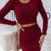 Women's Two Piece Dress Set Casual Dress Skirt Set Outdoor Daily Fashion Sexy Ribbed Midi Dress Crew Neck Long Sleeve Plain Regular Fit Black Wine Green Fall Winter S M L XL