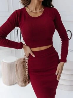 Women's Two Piece Dress Set Casual Dress Skirt Set Outdoor Daily Fashion Sexy Ribbed Midi Dress Crew Neck Long Sleeve Plain Regular Fit Black Wine Green Fall Winter S M L XL