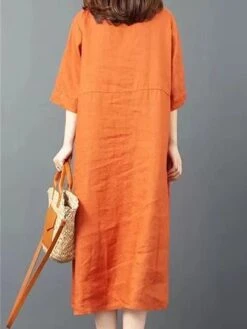 Women's Shirt Dress Casual Dress Cotton Dress Midi Dress Cotton Basic Classic Outdoor Daily Vacation Shirt Collar Button Pocket Half Sleeve Spring Fall Winter 2023 Loose Fit ArmyGreen Orange Plain S -HAYz Clothing Shop uonkra1692695053253