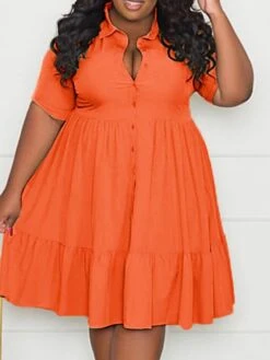 Women‘s Plus Size Curve Shirt Dress Solid Color Shirt Collar Ruffle Half Sleeve Spring Summer Casual Knee Length Dress Daily Holiday Dress -HAYz Clothing Shop updhos1656491036879