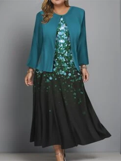 Women's Plus Size Two Piece Dress Set Casual Dress Swing Dress Outdoor Office Fashion Streetwear Print Midi Dress Crew Neck Long Sleeve Ombre Regular Fit Wine Navy Blue Blue Fall Winter L XL XXL 3XL -HAYz Clothing Shop upfmdg1697681150106