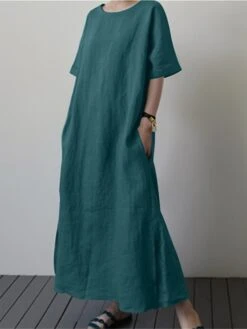 Women's Casual Dress Cotton Linen Dress Swing Dress Maxi Long Dress Cotton Blend Elegant Casual Outdoor Daily Holiday Crew Neck Pocket Tie Belt Short Sleeve Summer Spring 2023 Regular Fit Black -HAYz Clothing Shop upyuvo1654591120837