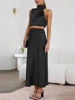 Women's Two Piece Dress Set Casual Dress Skirt Set Daily Holiday Fashion Sexy Ruched Long Dress Maxi Dress Stand Collar Sleeveless Plain Regular Fit Black White Light Green Summer Spring S M L XL -HAYz Clothing Shop uqkayq1690857193120