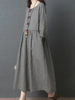 Women's Casual Dress Swing Dress A Line Dress Long Dress Maxi Dress Cotton Basic Casual Outdoor Daily Weekend Crew Neck Pocket Long Sleeve Spring Fall Loose Fit Black Plaid M L XL XXL -HAYz Clothing Shop uqnrns1672995445425