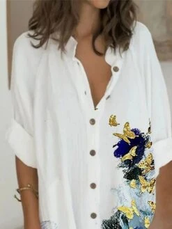 Women's Shirt Dress Casual Dress Shift Dress Mini Dress Outdoor Daily Vacation Polyester Fashion Casual Stand Collar Button Pocket Long Sleeve Fall 2023 Regular Fit White Butterfly S M L XL 2XL -HAYz Clothing Shop uqolow1693386910239