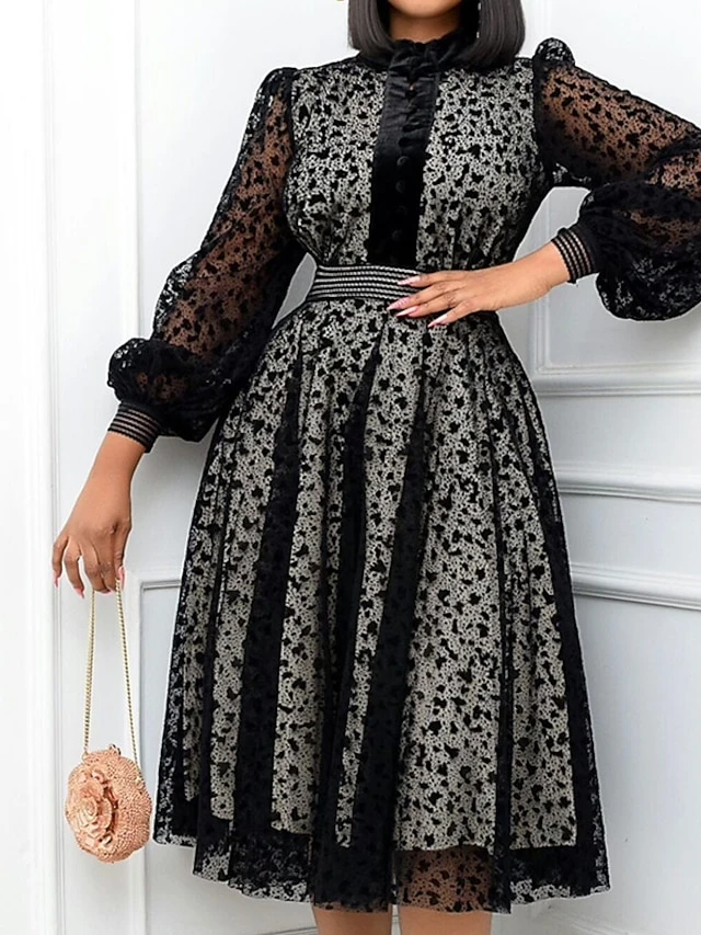 Women‘s Plus Size Curve Black Dress Easter Dress Crew Neck Lace Vacation Dress Solid Color Long Sleeve Fall Winter Prom Dress Midi Dress 3 Women‘s Plus Size Curve Black Dress Easter Dress Crew Neck Lace Vacation Dress Solid Color Long Sleeve Fall Winter Prom Dress Midi Dress - Image 3