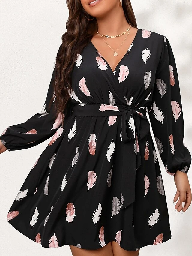Women's Plus Size Curve Work Dress Sheath Dress Semi Formal Dress Fashion Mini Dress Lace Up Print V Neck Long Sleeve Print Loose Fit Black Blue Fall Winter L XL XXL 3XL 4XL 6 Women's Plus Size Curve Work Dress Sheath Dress Semi Formal Dress Fashion Mini Dress Lace Up Print V Neck Long Sleeve Print Loose Fit Black Blue Fall Winter L XL XXL 3XL 4XL - Image 6