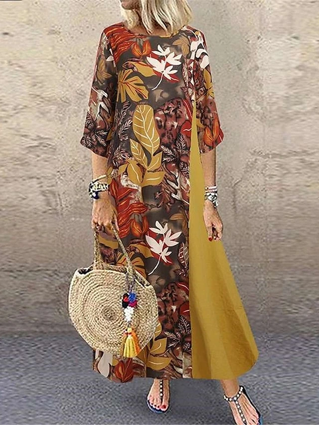 Women's Casual Dress Cotton Linen Dress A Line Dress Maxi Long Dress Cotton Blend Casual Vintage Retro Outdoor Daily Crew Neck Print 3/4 Length Sleeve Summer Spring 2023 Loose Fit Navy Blue Orange 2 Women's Casual Dress Cotton Linen Dress A Line Dress Maxi Long Dress Cotton Blend Casual Vintage Retro Outdoor Daily Crew Neck Print 3/4 Length Sleeve Summer Spring 2023 Loose Fit Navy Blue Orange - Image 2