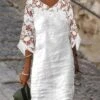 Women's Cotton Linen Dress Casual Dress Shift Dress Midi Dress Cotton Blend Fashion Modern Outdoor Daily Vacation V Neck Lace 3/4 Length Sleeve Summer Spring Fall 2023 Loose Fit White Plain S M L XL