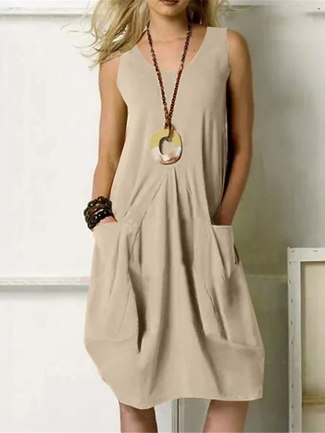 Women's Cotton Linen Dress Casual Dress Midi Dress Cotton Blend Basic Classic Outdoor Daily U Neck Pocket Sleeveless Summer Spring 2023 Regular Fit ArmyGreen Navy Blue Orange Pure Color S M L XL 2XL 3 Women's Cotton Linen Dress Casual Dress Midi Dress Cotton Blend Basic Classic Outdoor Daily U Neck Pocket Sleeveless Summer Spring 2023 Regular Fit ArmyGreen Navy Blue Orange Pure Color S M L XL 2XL - Image 3
